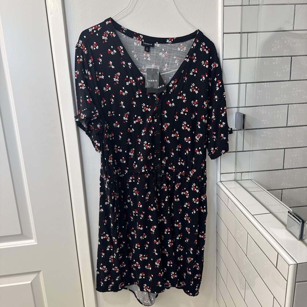 Torrid Black and Red Floral Button-Down Dress